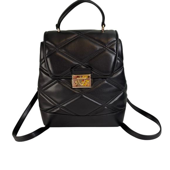 Michael Kors Backpack Handbag Black Serena MD Quilted Leather Flap Top Handle - Picture 1 of 12